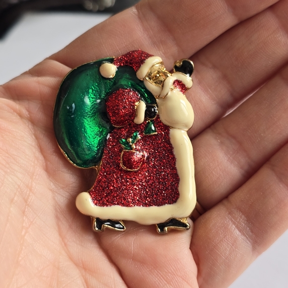 Vintage Santa Claus brooch Christmas holiday pin Red green gold tone - Picture 6 of 9